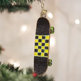 Old World Christmas Glass Christmas Ornament - Skateboard (black/yellow checkerboard)