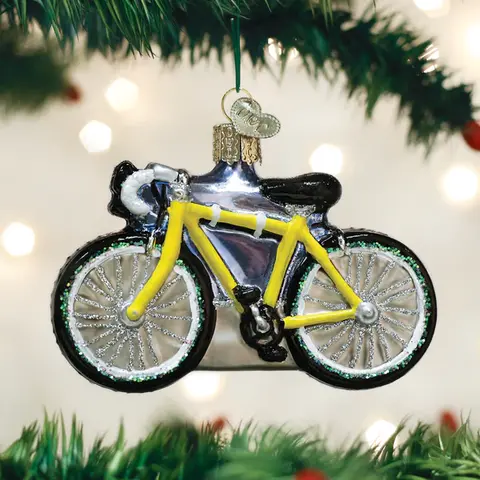 Glass Christmas Ornament - ROAD BICYCLE (yellow)