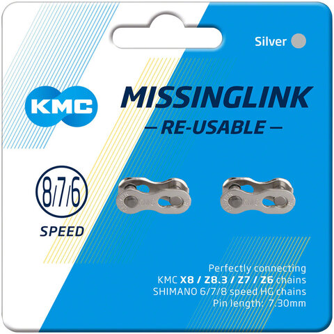 KMC MissingLink CL573R 7.3mm Connector - 6,7,8-Speed, Reusable, Silver, 2 Pairs/Card