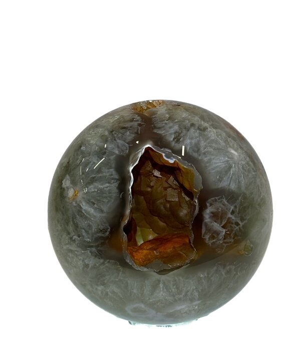 Green Quartz Flower Agate Sphere with Orange Cave