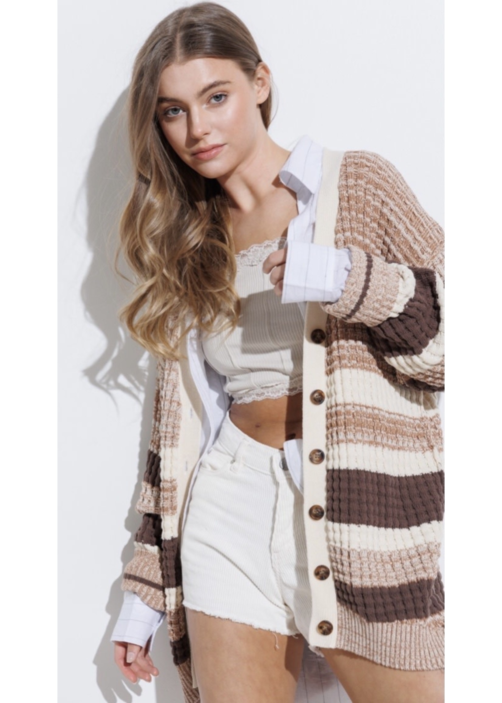 Miss Love Waffle Knit Colour Block Long Cardigan SP22