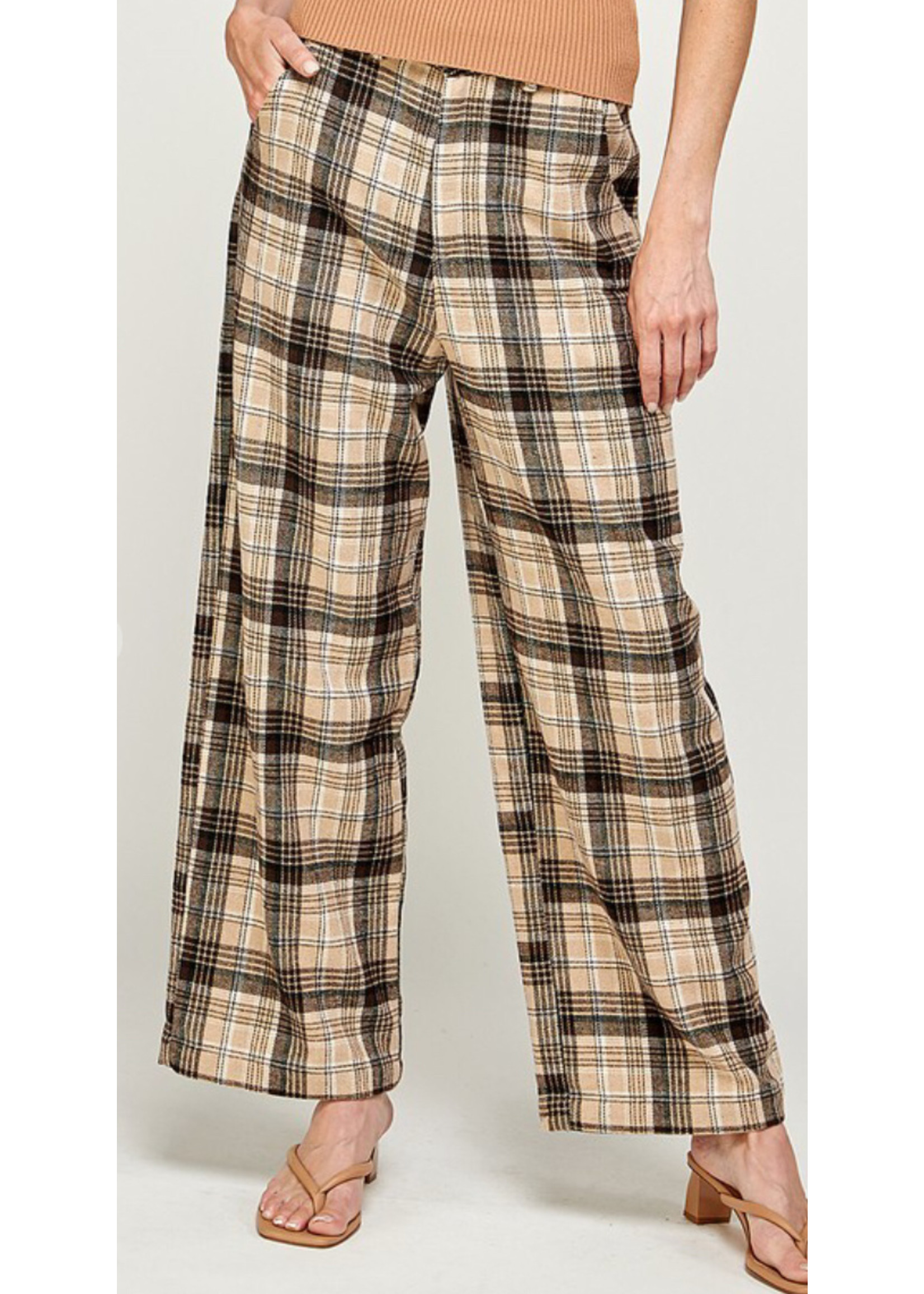 Miss Love Brushed Plaid Wide Legs Pants