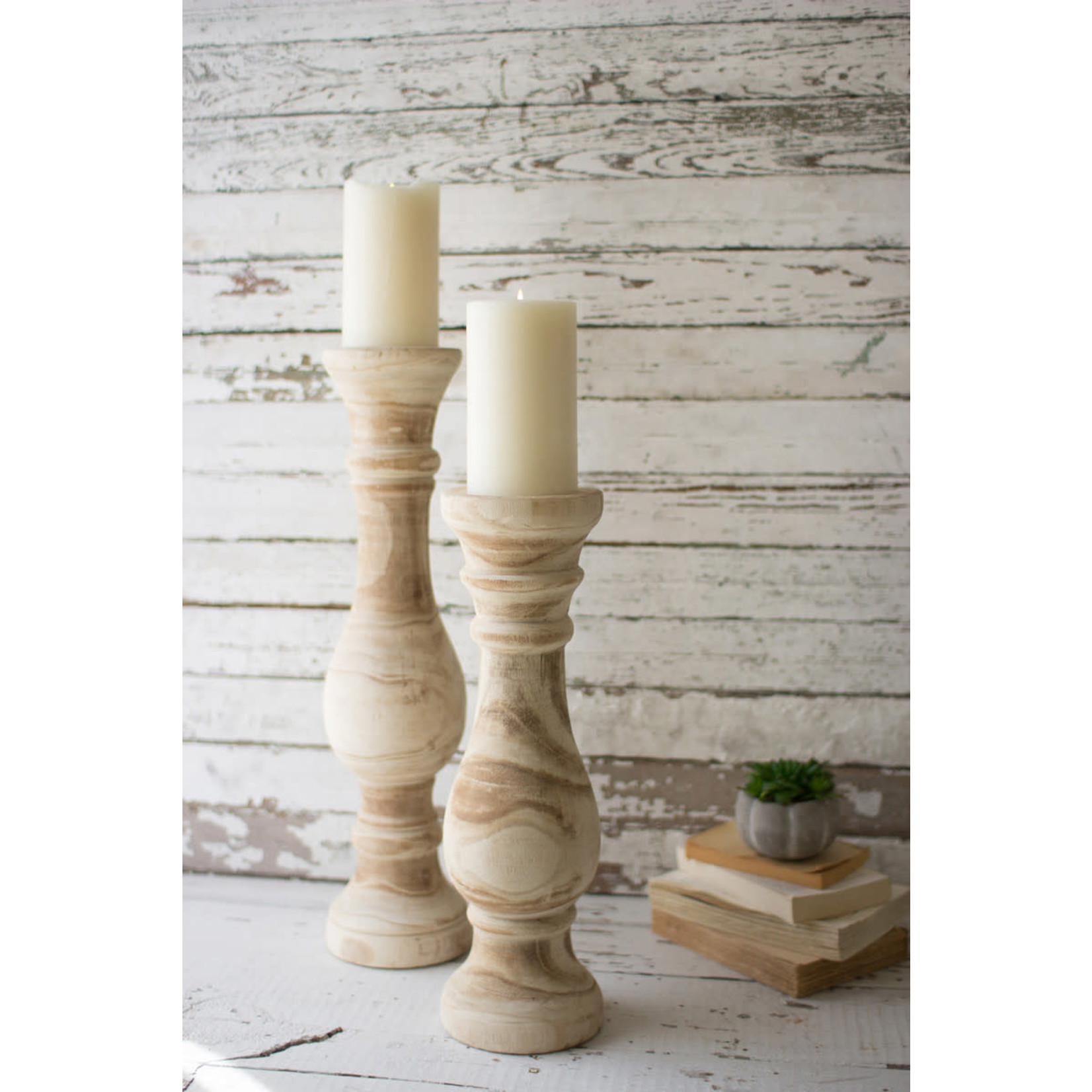 HAND CARVED WOODEN CANDLE STANDS SET/2