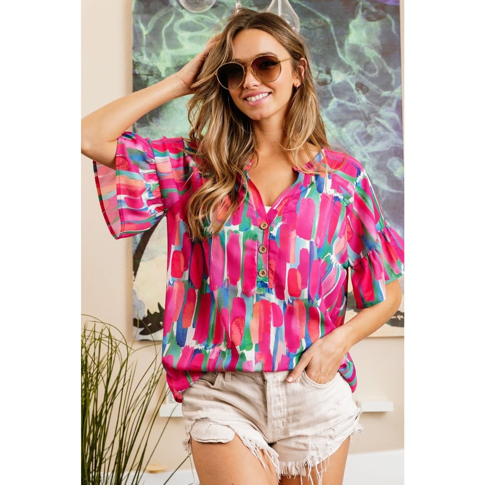 PAINT IT PINK RUFFLE SLEEVE TOP