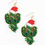 GREEN CACTUS SANTA HAT BEAD EARRINGS