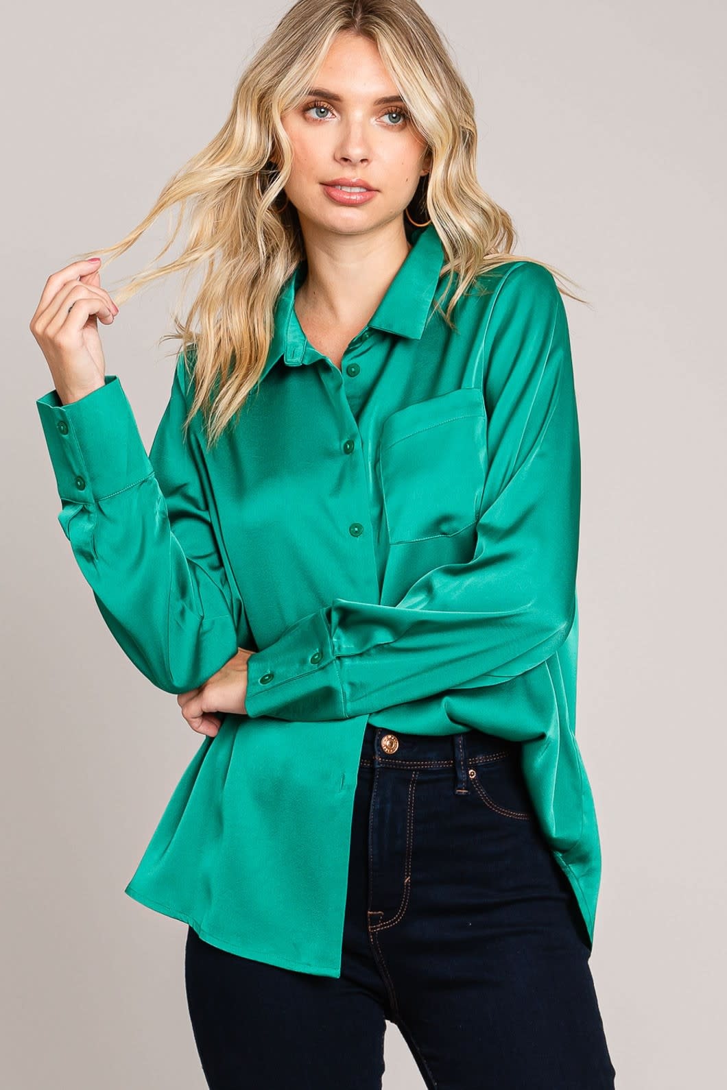 COTTON BLEU SHE'S BEAUTY EMERALD SATIN BLOUSE - Southern Accents MS