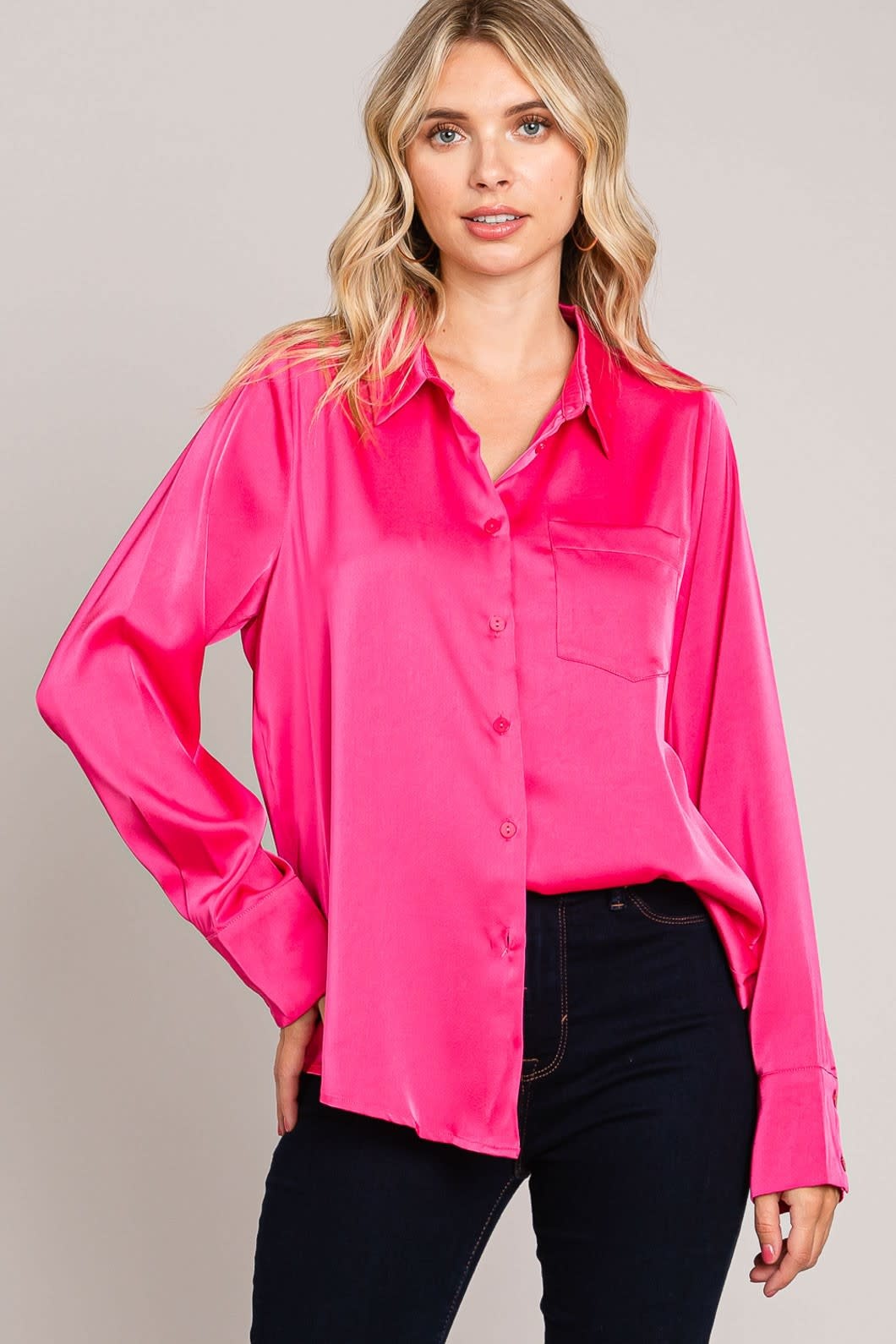 COTTON BLEU SHE'S BOLD FUCHSIA SATIN BLOUSE - Southern Accents MS