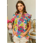 FLORAL PATTERN RUFFLE SLEEVE SMOCKED TOP