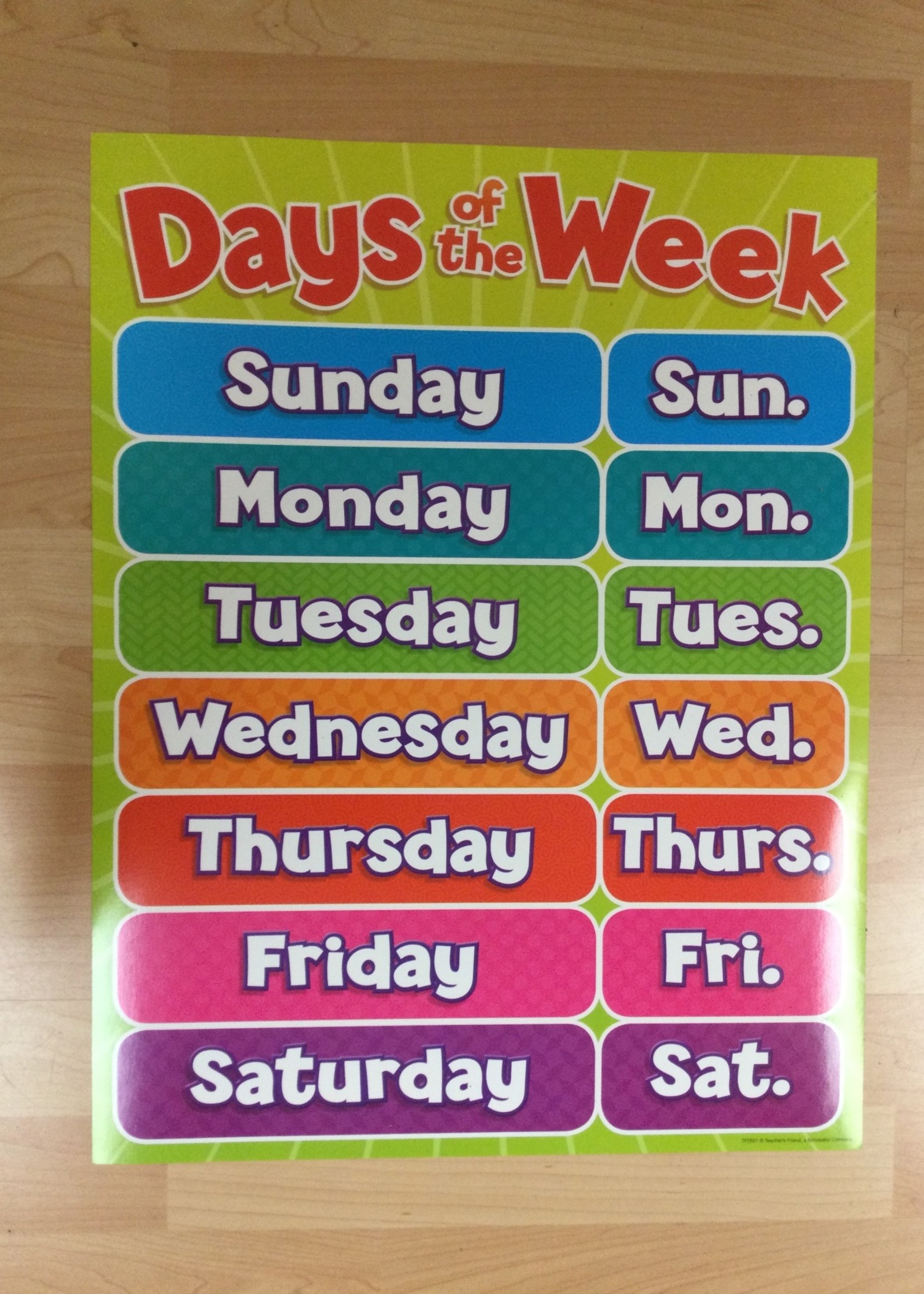 Days of the Week Chart Days of the Week Chart
