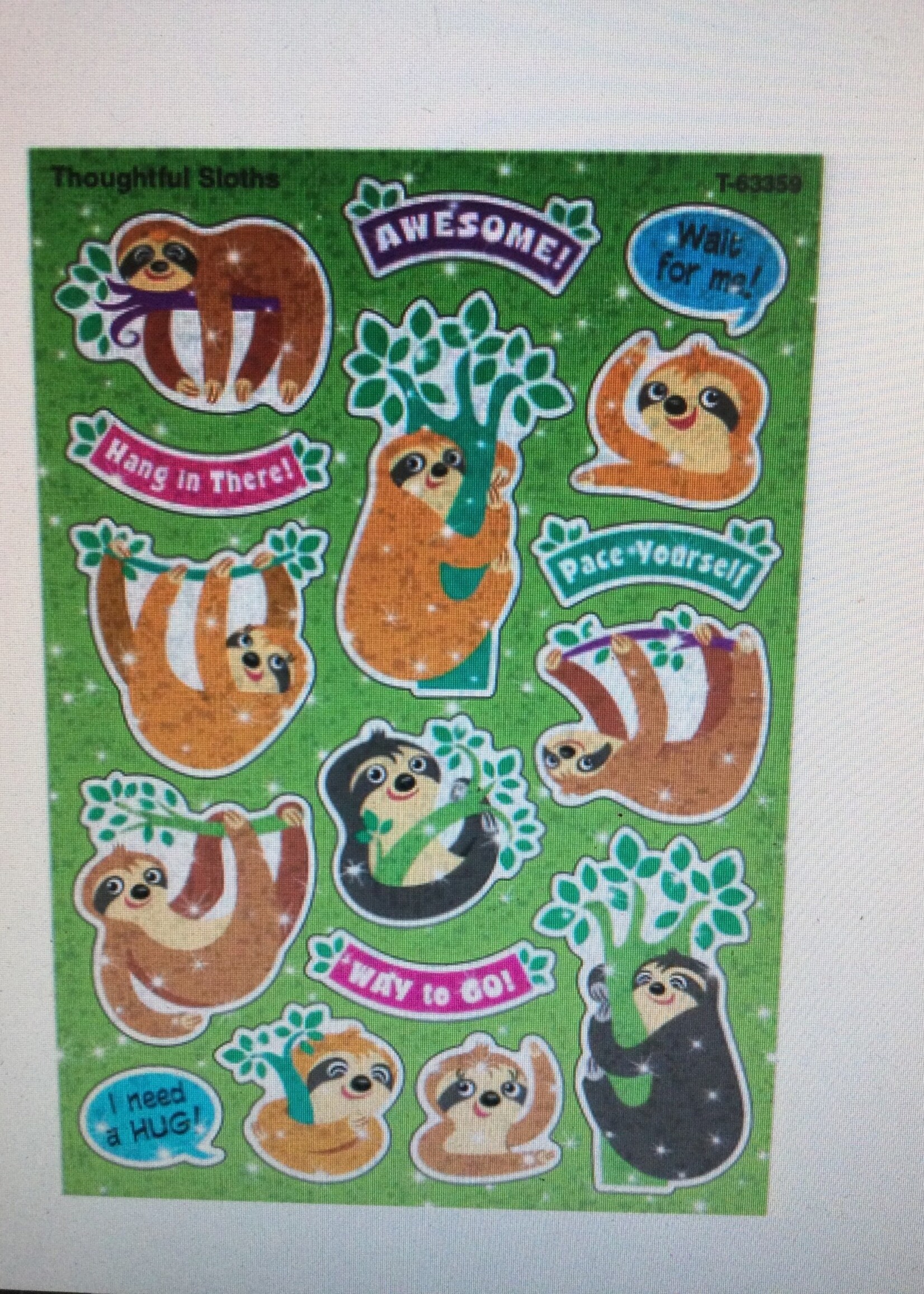 Thoughtful Sloths Sparkle Stickers 2 sheets