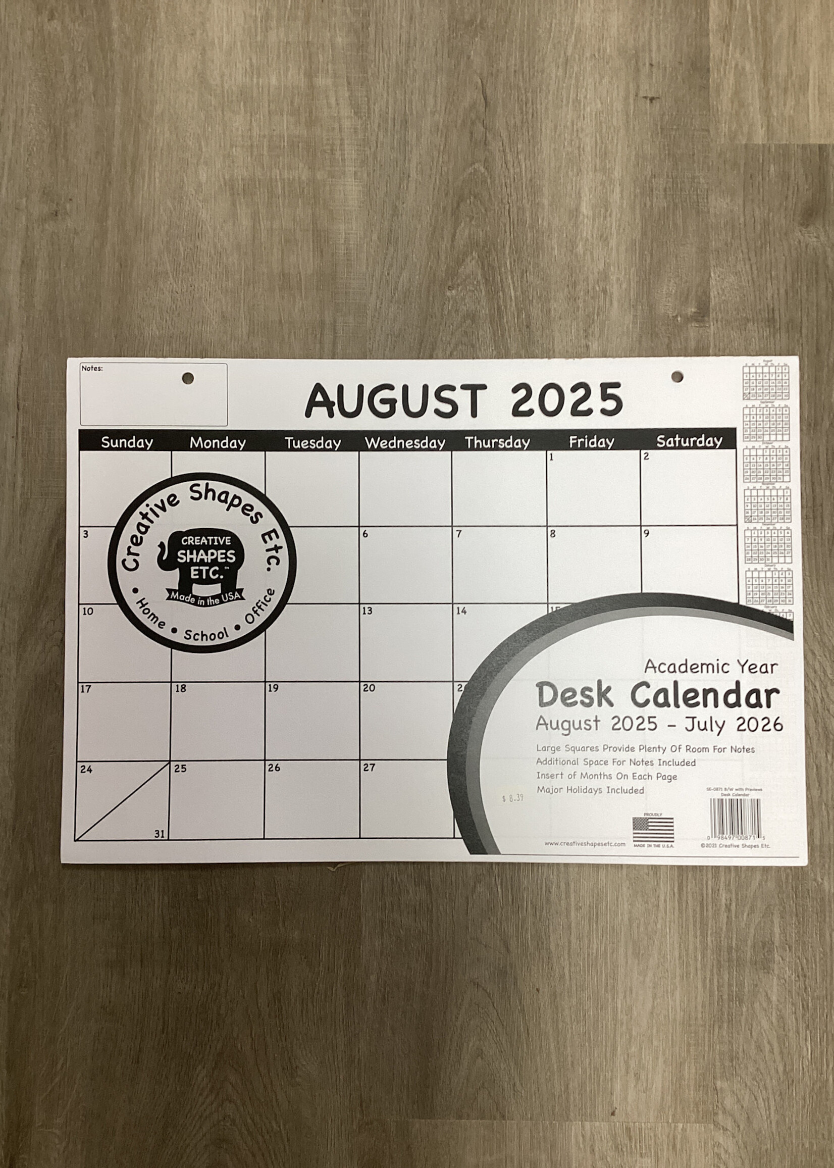 Academic Year Desk Calendar Black & White