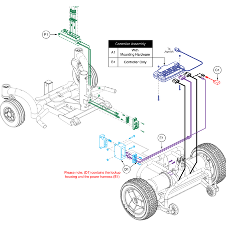 Pride Mobility Go Chair Base to Rear lock up assembly - base battery port to rear