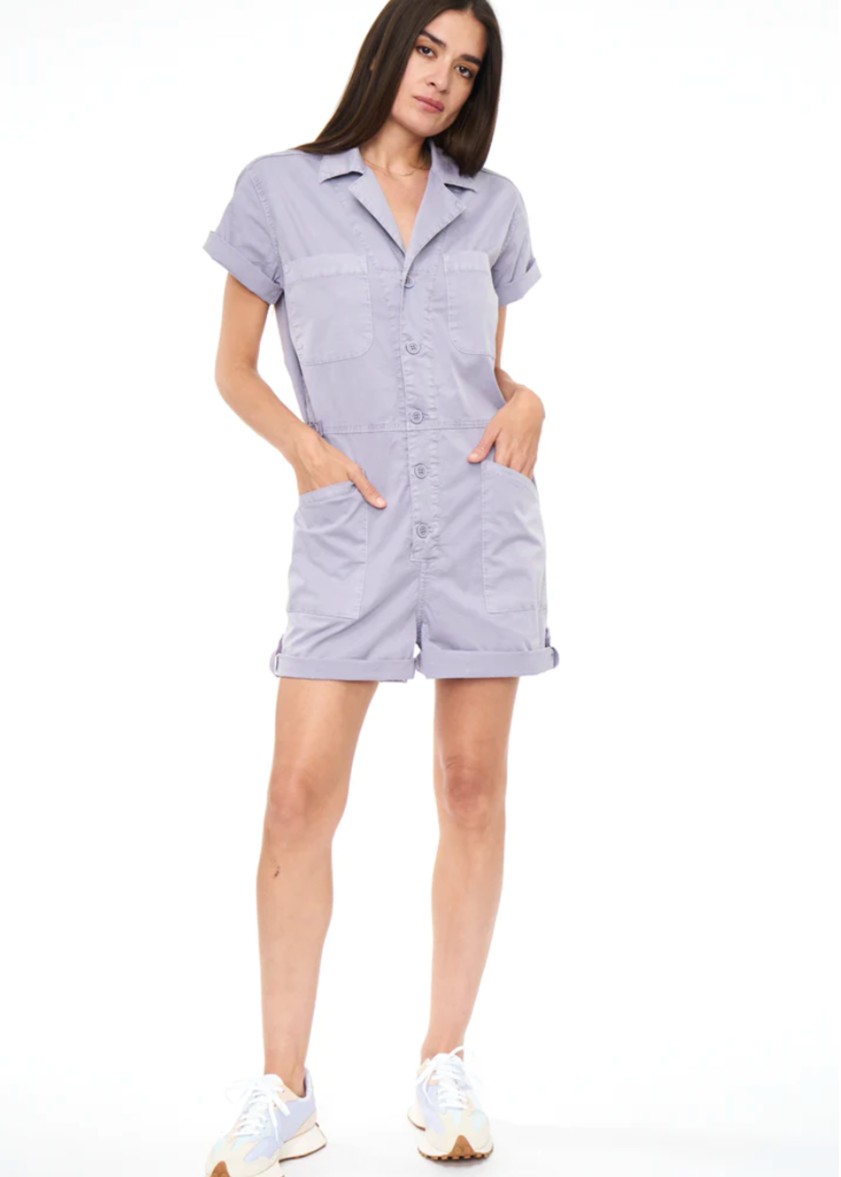 Two Tone Short Sleeve Button Romper Vivian Seven