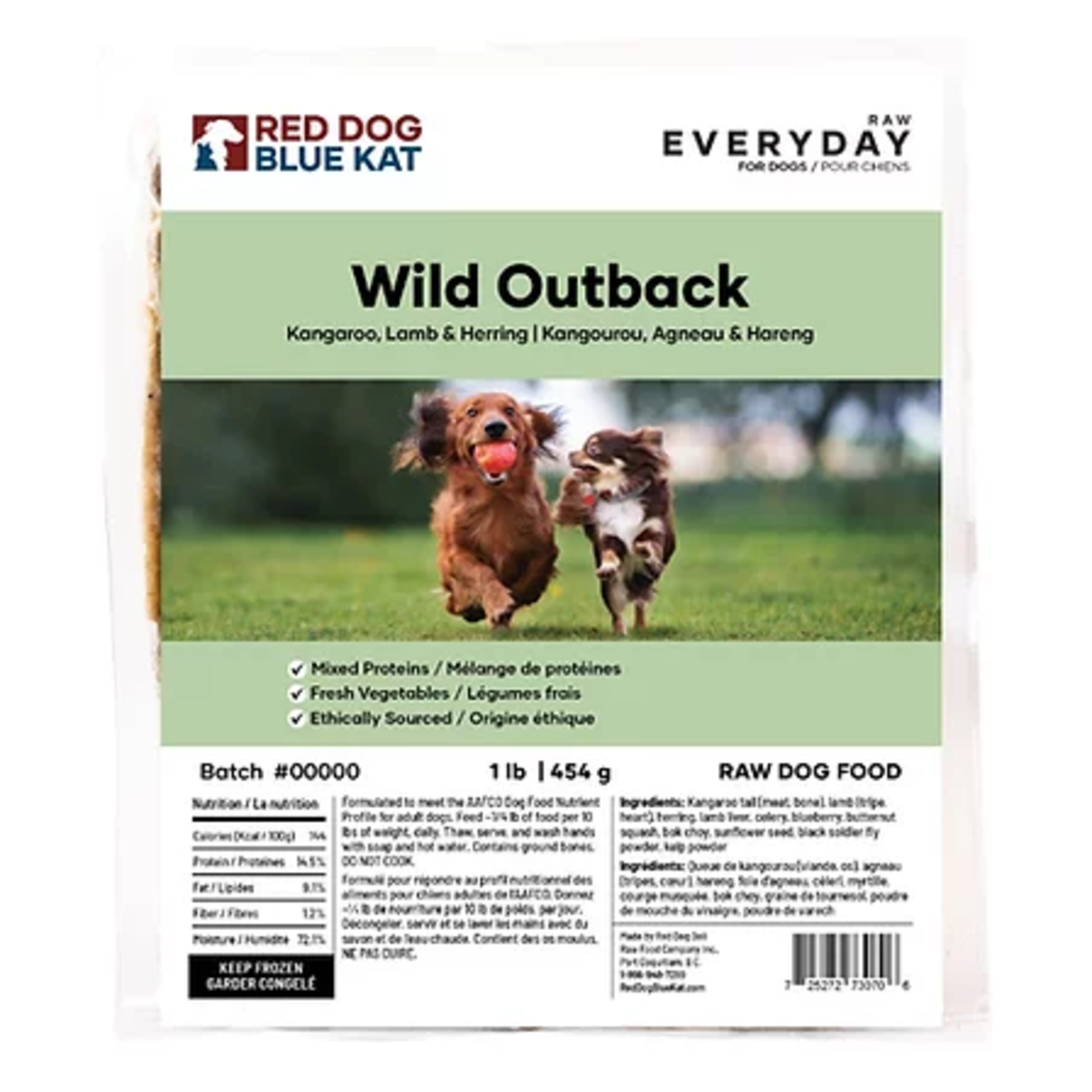Red Dog Blue Kat RDBK Dog EVERYDAY Raw Wild Outback (Kangaroo, lamb & Herring) 4 x 1/4lb