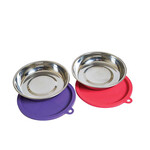 Messy Mutts Messy MuttsTwo Stainless Saucer Shaped Cat Bowls and Two Silicone Lids for Cat Food Storage