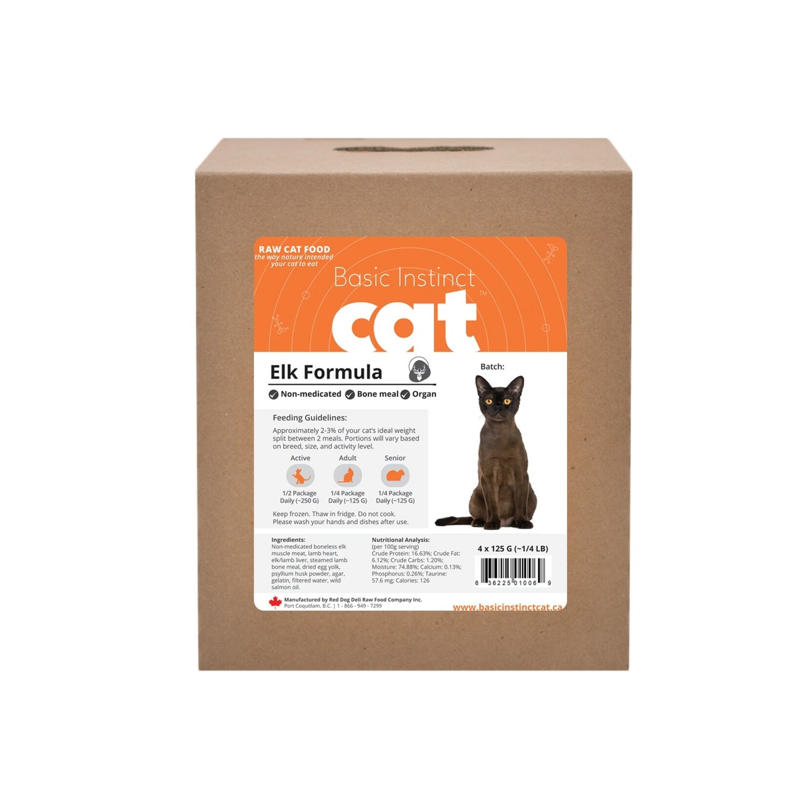 Red Dog Blue Kat Basic Instinct Non-Medicated Elk w/Organ Raw Cat Food 125g x 4 single