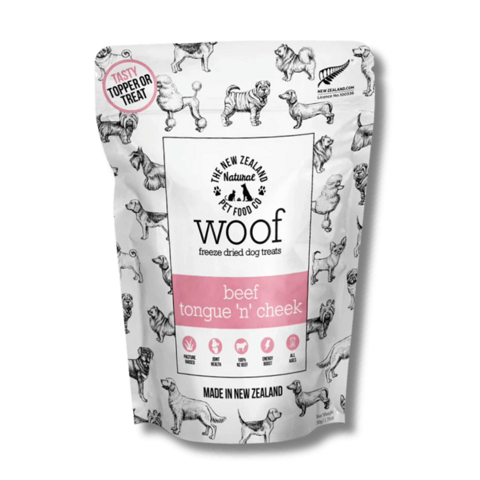 The New Zealand Pet Food Co THE NEW ZEALAND NATURAL PET FOOD CO WOOF Freeze-Dried Beef Tongue 'n' Cheek 50g