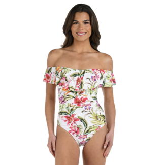 LA BLANCA Polynesian Paradise Off Shoulder Ruffle One Piece