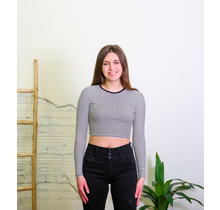 Striped Crop Top Long Sleeve-Black/White