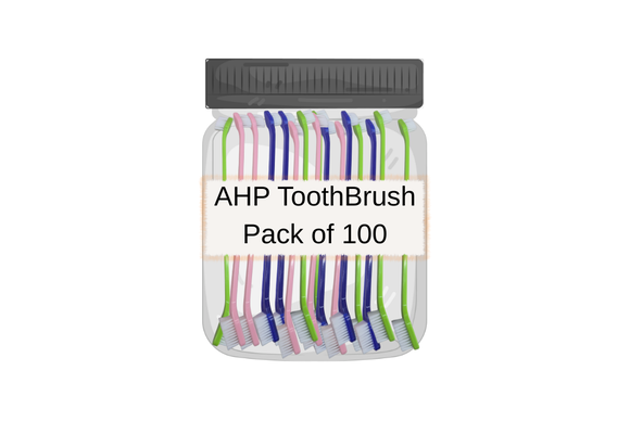 AHP Dental Dual-End Toothbrush 100 Pack Assorted colors Blue/Pink/Green (Comes In A Poly Bag)
