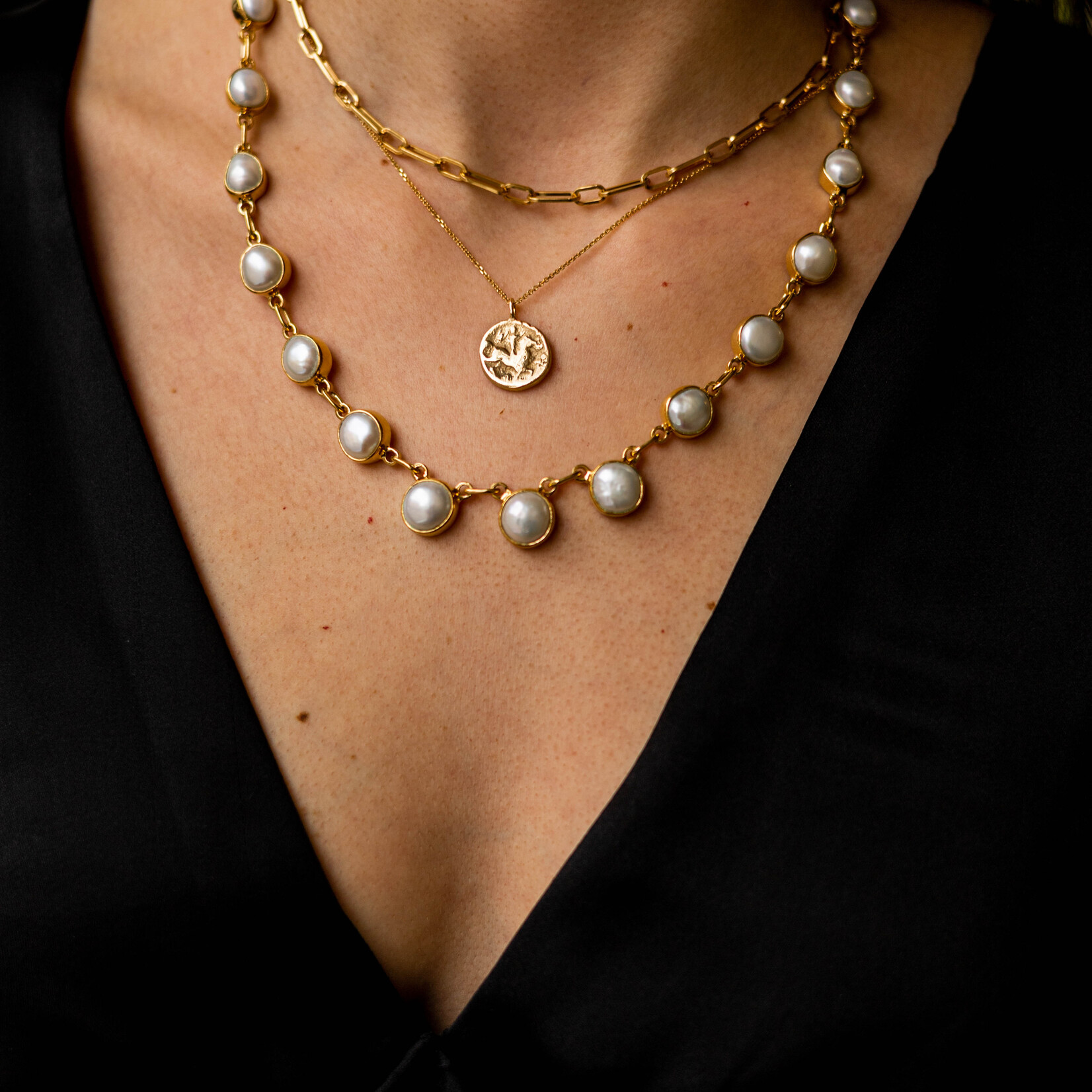 Argent tonic Round Freshwater Pearl Necklace - Golden