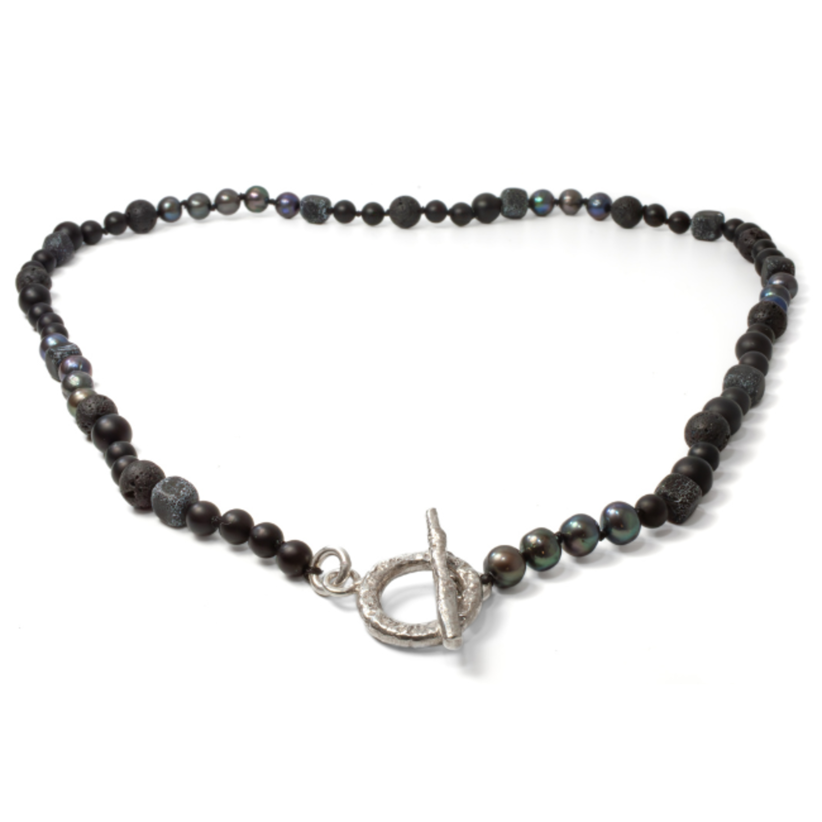 Argent tonic Collier avec Perles de Tahiti, Onyx, Pierre de Lave et Agate