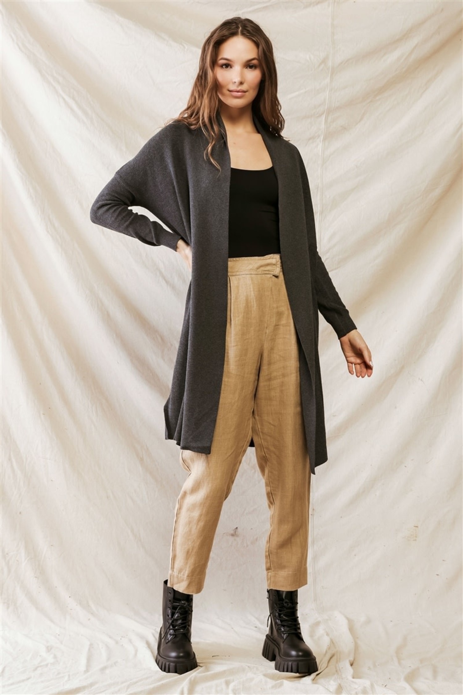Cotton Blend Long Sleeve Open Front Cardigan