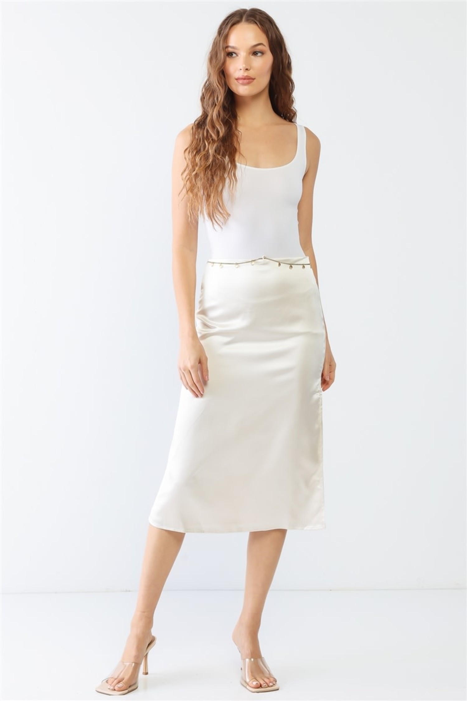 Satin Ruched Back High Waist Side Slit Gold Chain Midi Skirt - The Dreams  Boutique