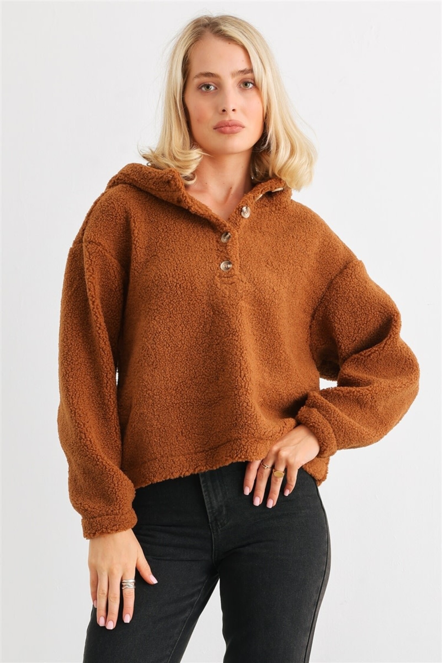 Teddy Knit Button Up Two Pocket Hooded Sweater The Dreams Boutique
