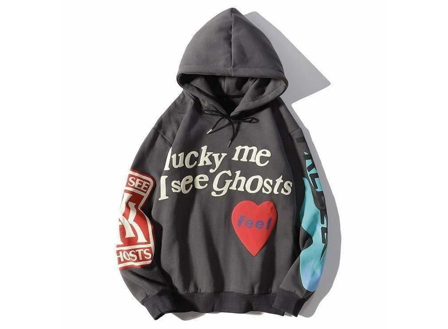 KANYE WEST 'LUCKY ME I SEE GHOST' DARK GRAY HOODIE SZ: S