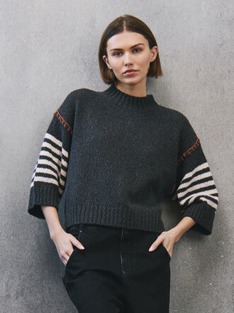 Autumn Cashmere Chunky crew w/wide stripe sleeve
