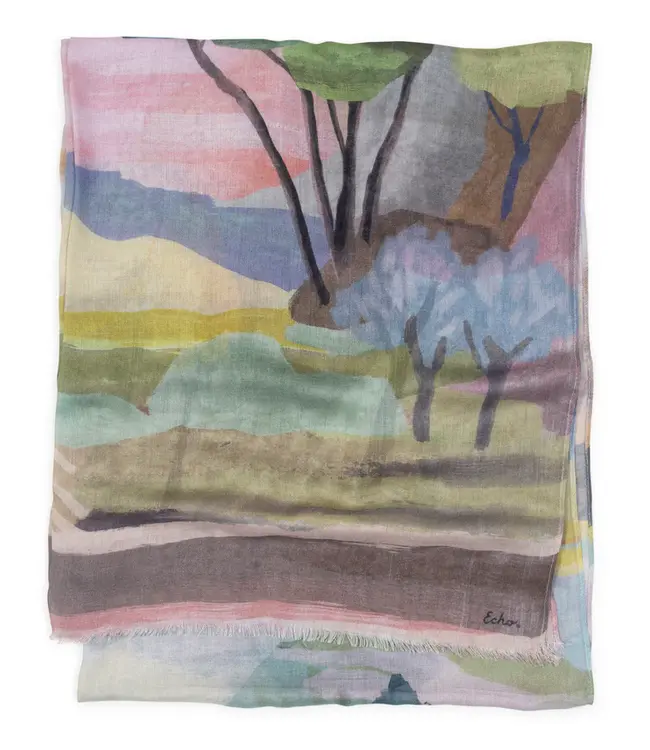 Echo Painterly landscape wrap scarf