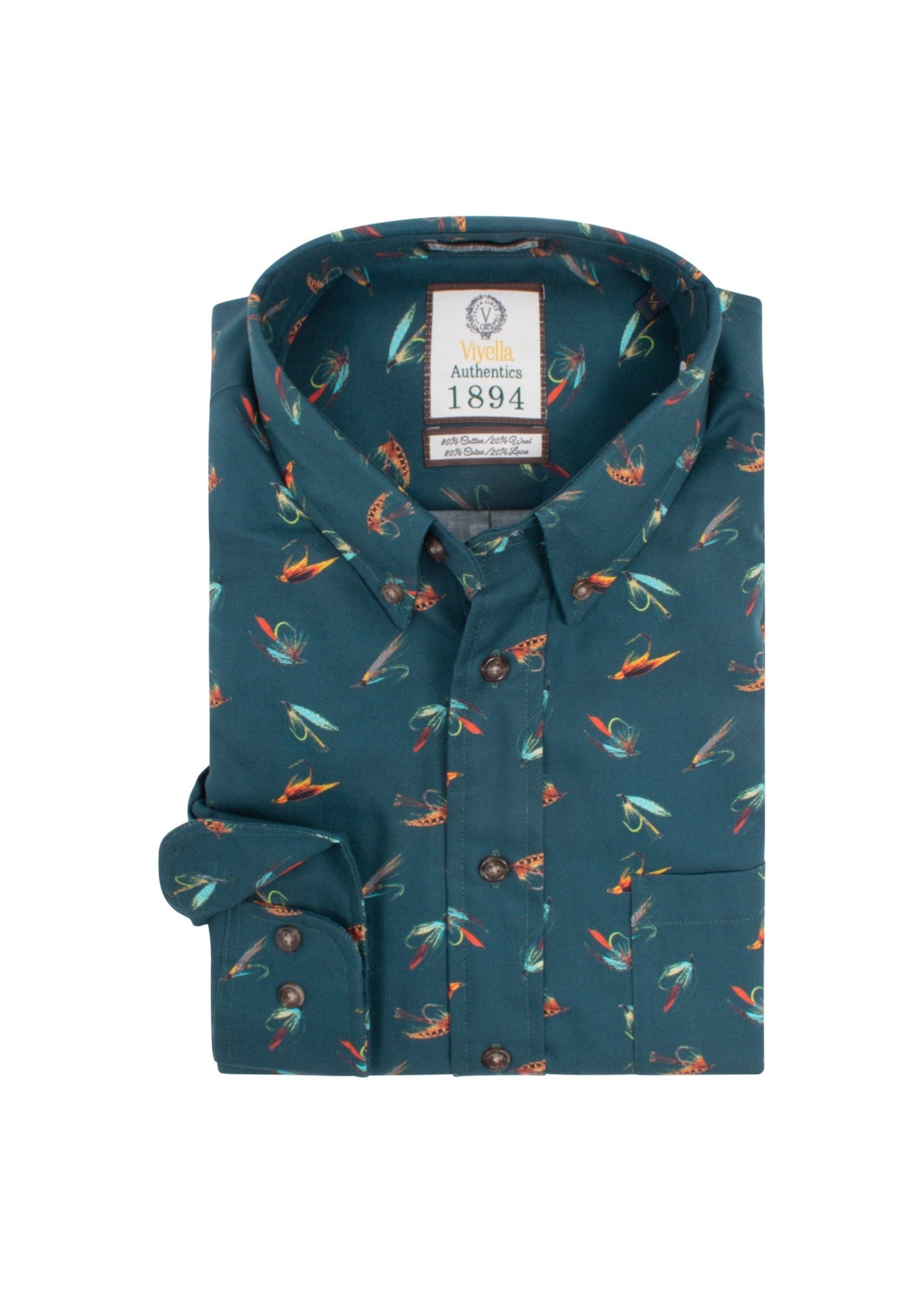 VIYELLA PINE GREEN FLY FISHING PATTERN LIMITED EDITION COTTON AND WOOL BLEND BUTTON-DOWN SHIRT