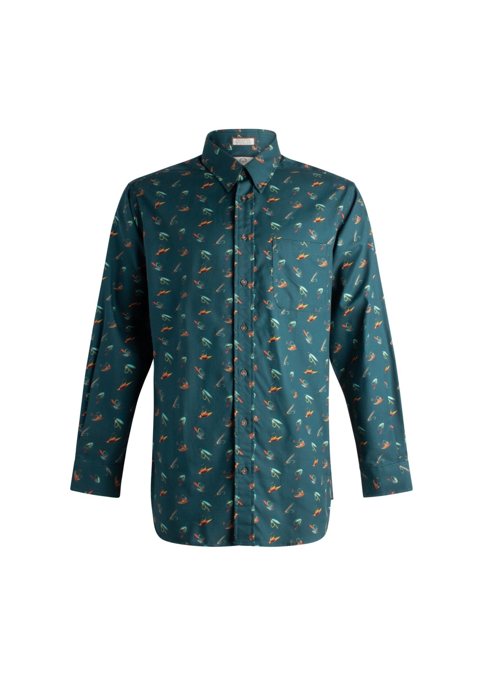 VIYELLA PINE GREEN FLY FISHING PATTERN LIMITED EDITION COTTON AND WOOL BLEND BUTTON-DOWN SHIRT
