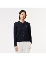 LACOSTE Cardigan col rond à torsades en laine et coton Bleu Marine-Femme