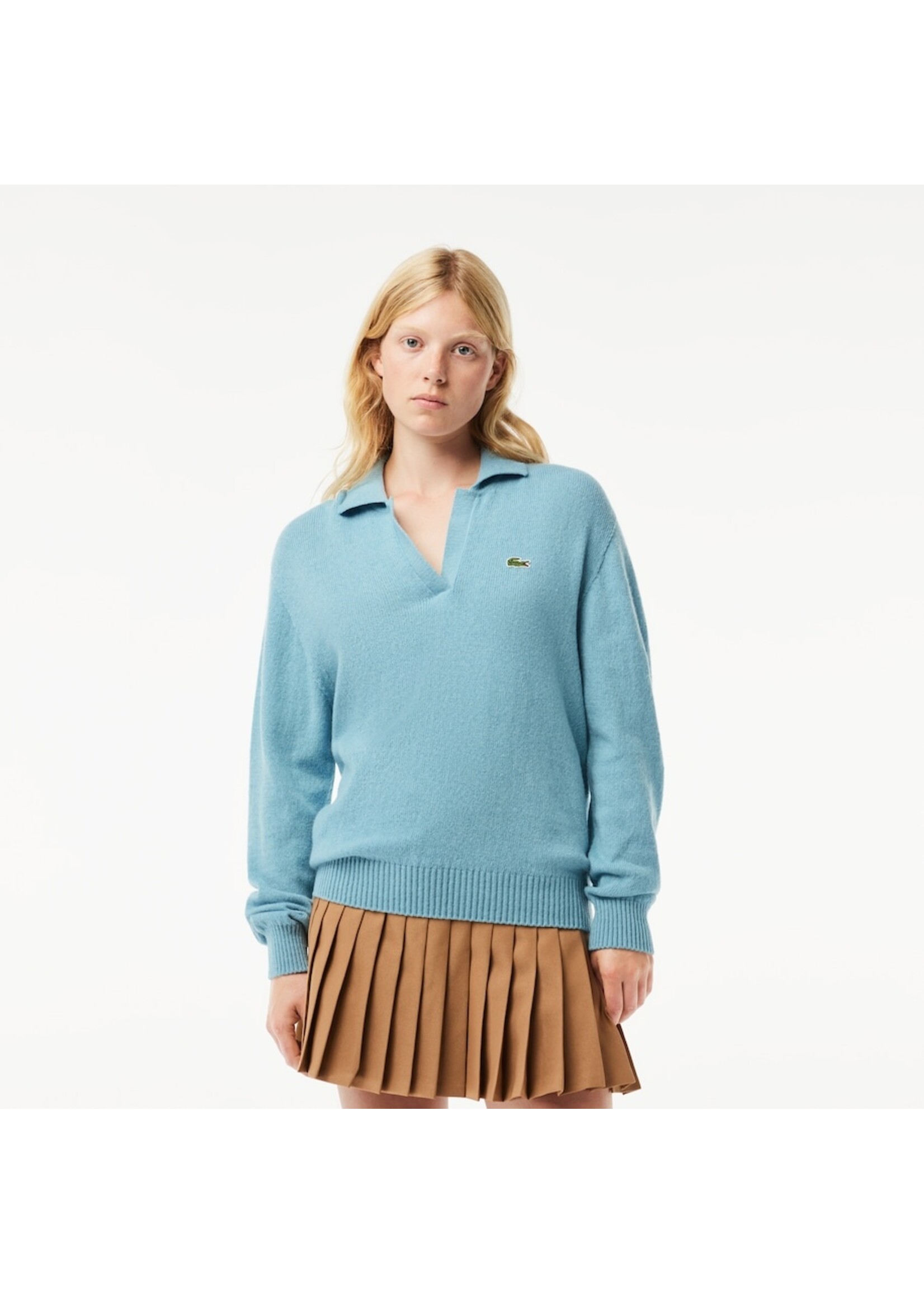 LACOSTE Pull en cachemire sans couture col polo fabriqué en France Bleu Clair-Femme