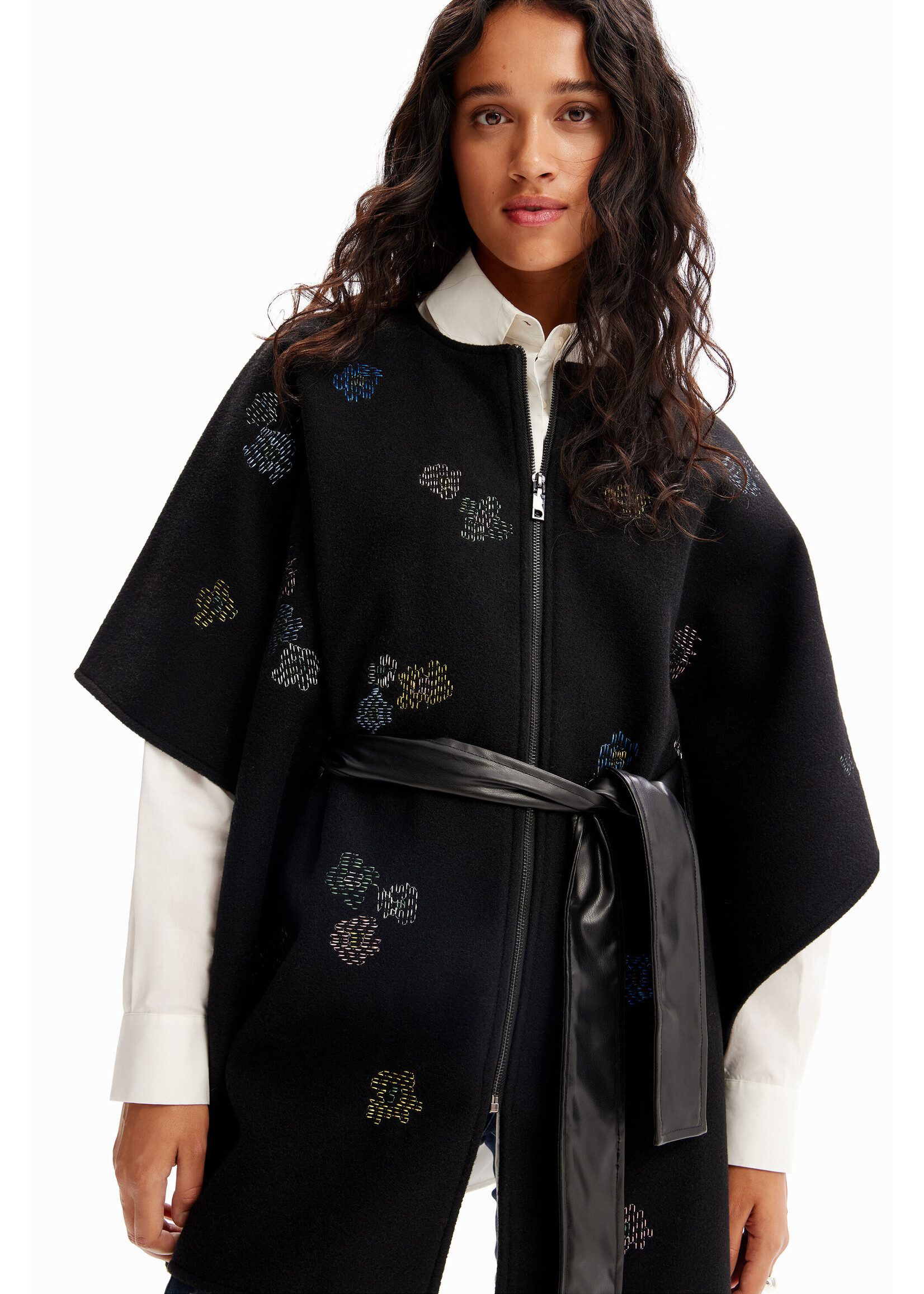 DESIGUAL Women's embroidered belted poncho