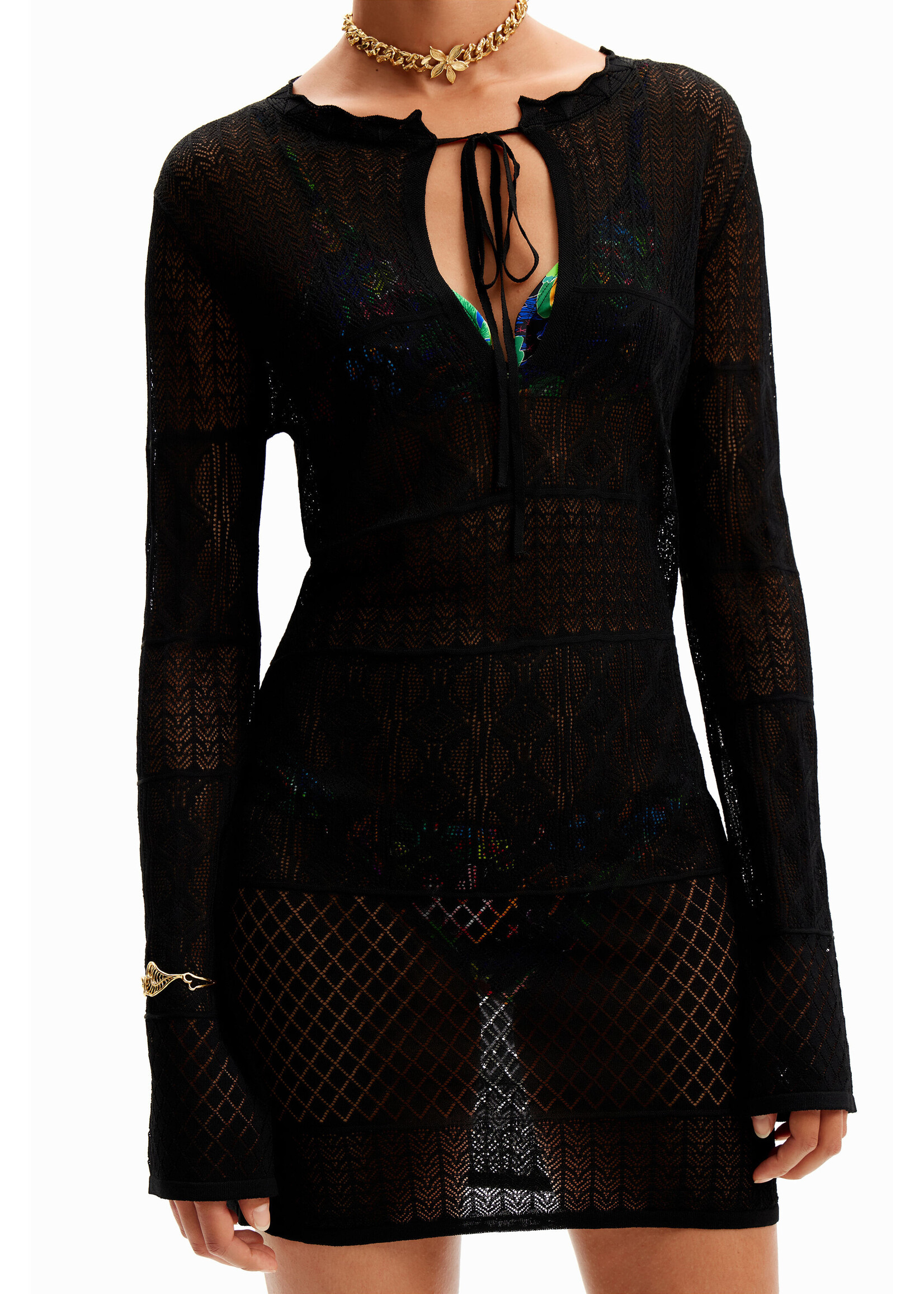 DESIGUAL Robe tunique courte motif ajouré-NOIR