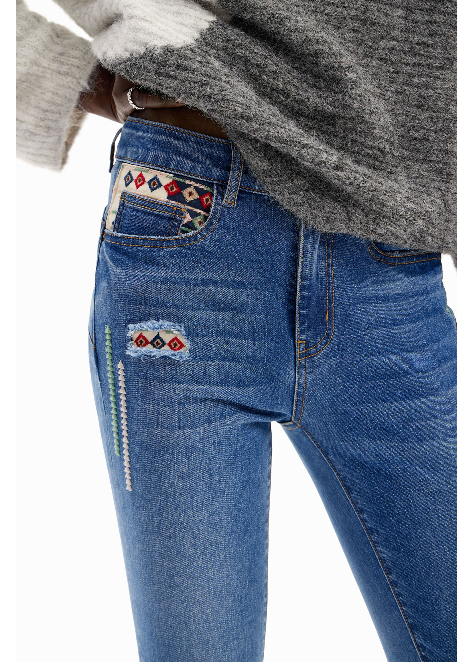 DESIGUAL Jean slim broderies-BLEU