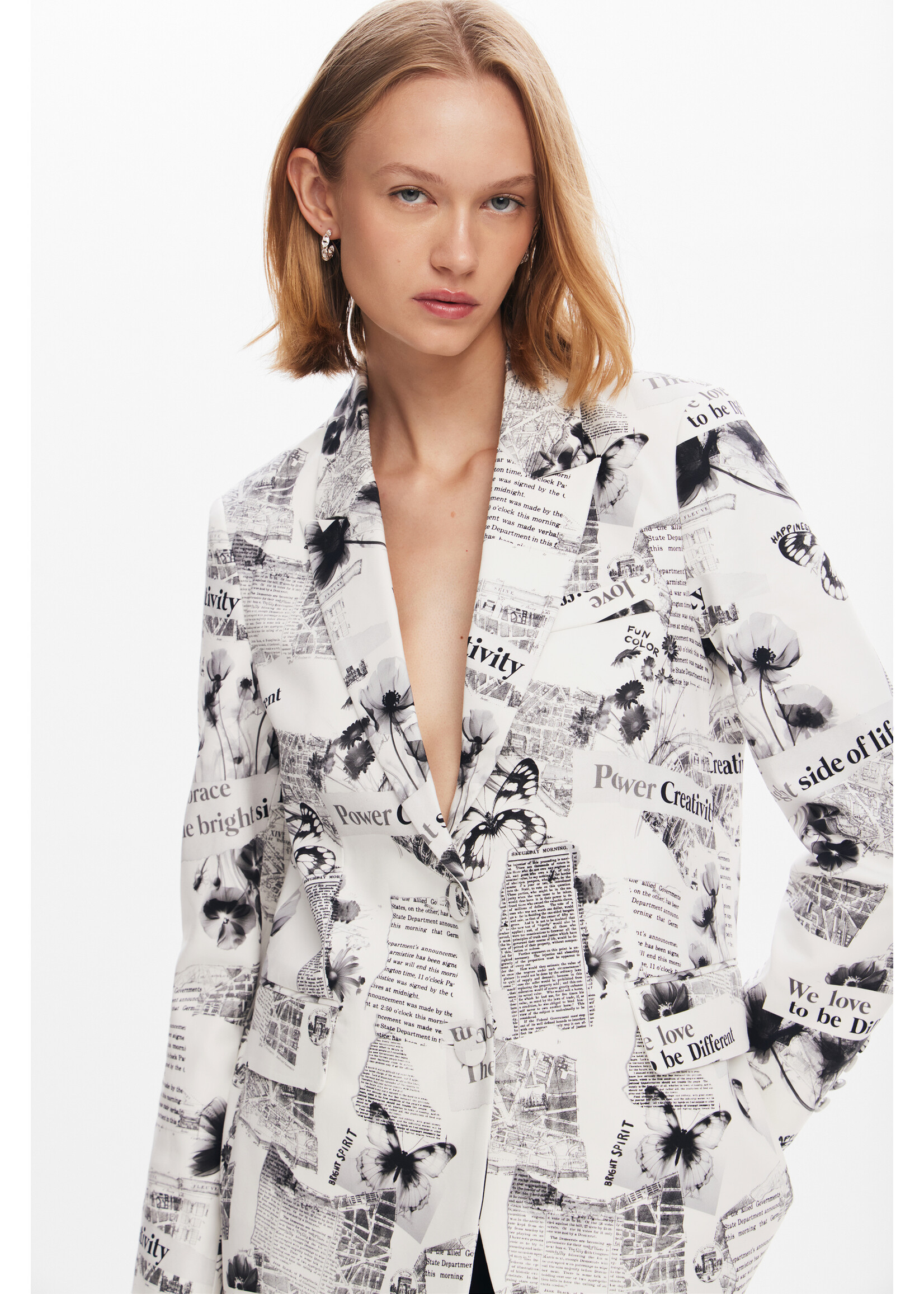 DESIGUAL Straight blazer with text and flowers