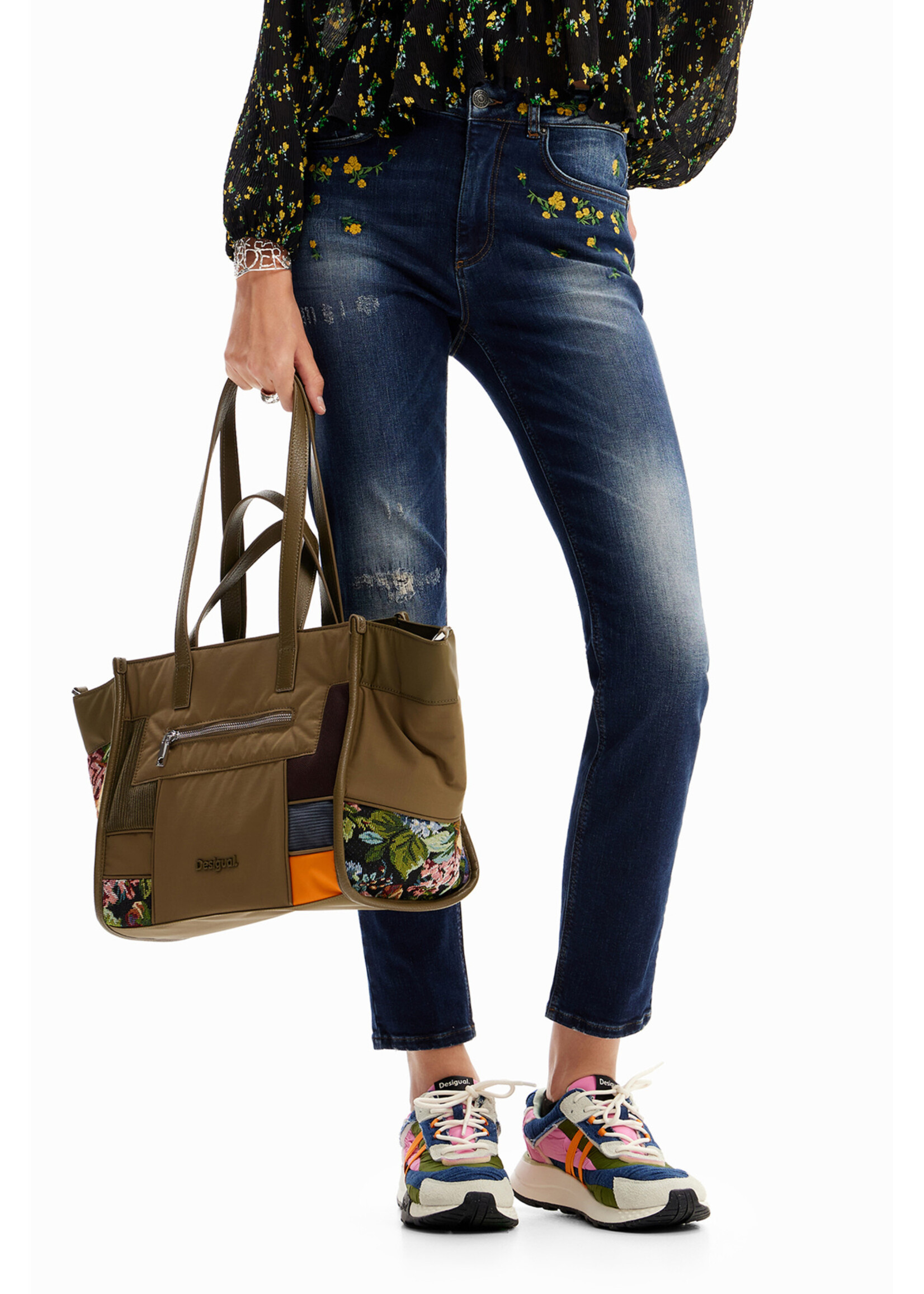 DESIGUAL Pantalon en denim à fleurs-Bleu