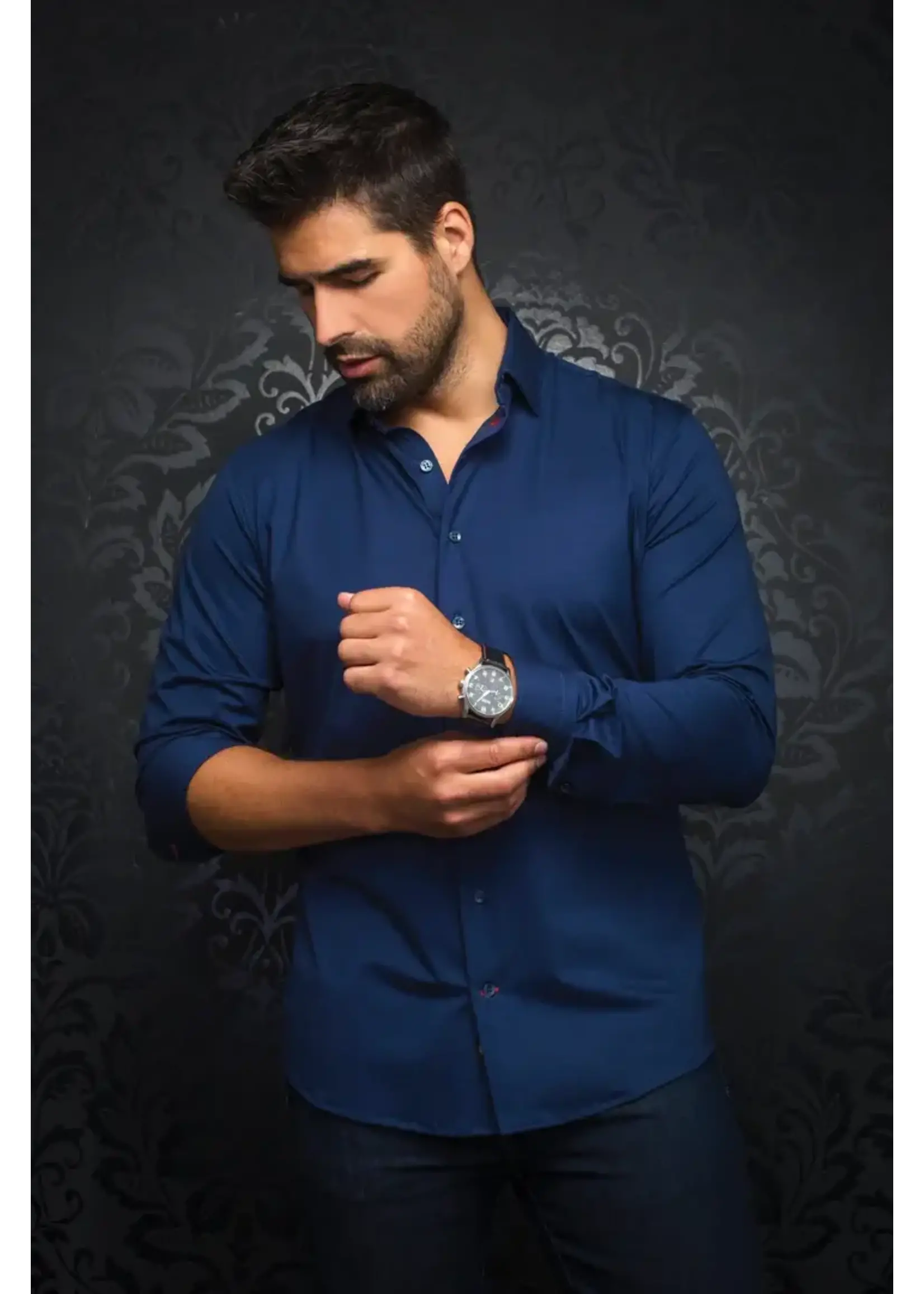 AU NOIR Chemise de ville unie en tricot extensible Alexander SDL-Marine