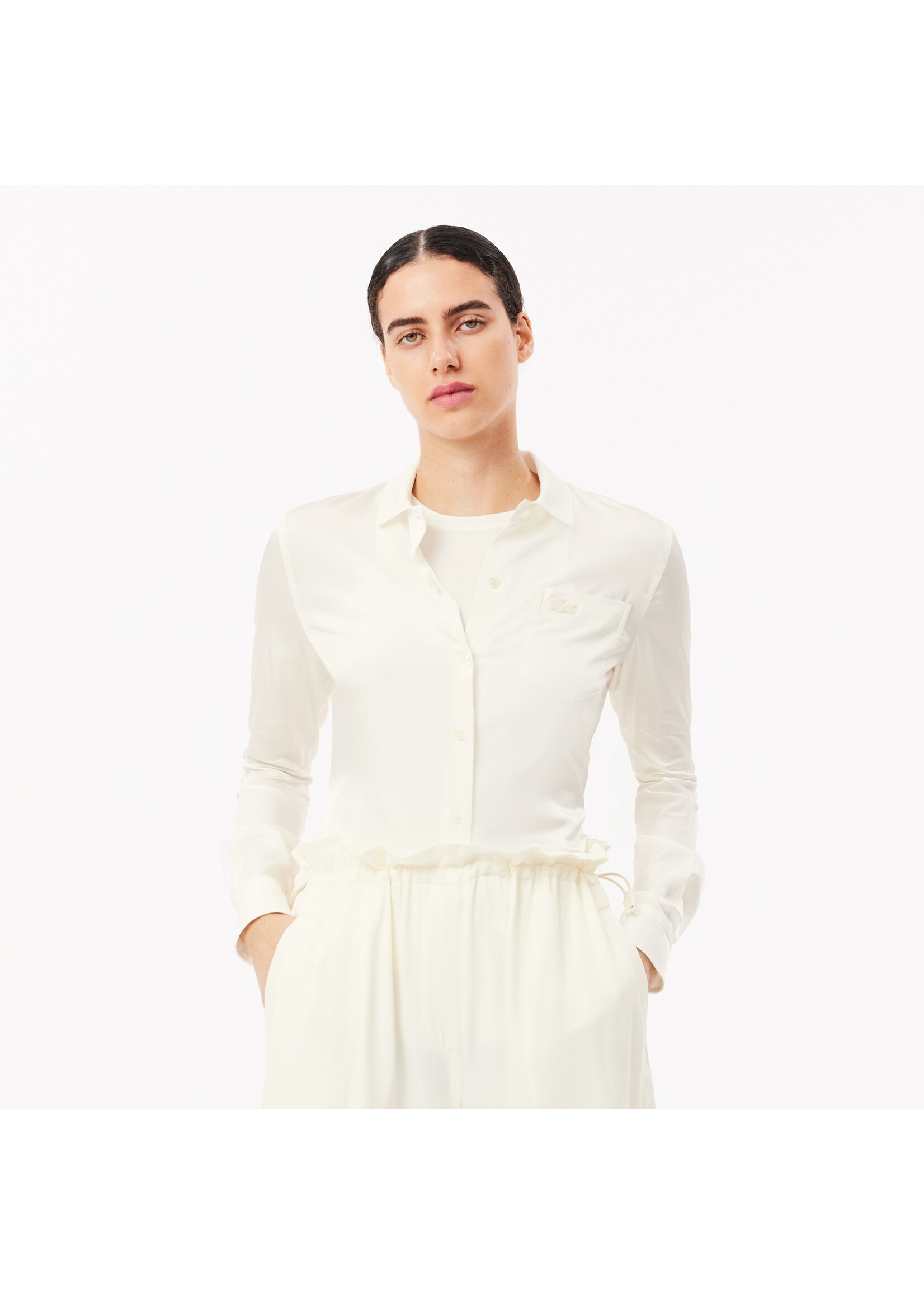 LACOSTE Blouse classique avec poche et logo ton sur ton pour femme-Crème