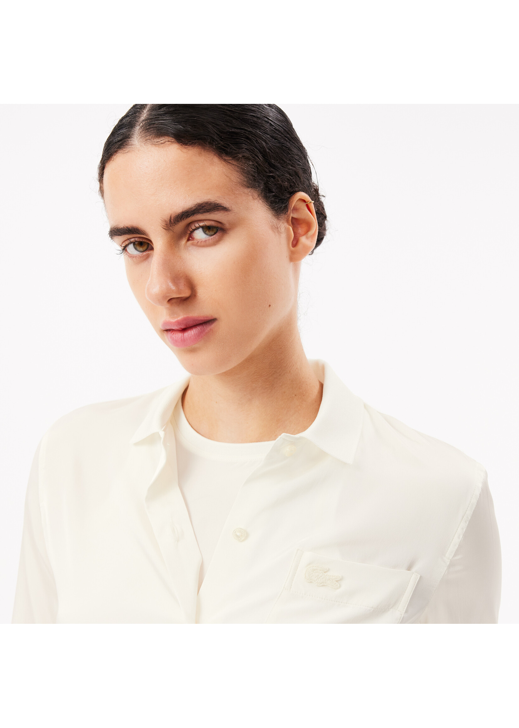 LACOSTE Blouse classique avec poche et logo ton sur ton pour femme-Crème