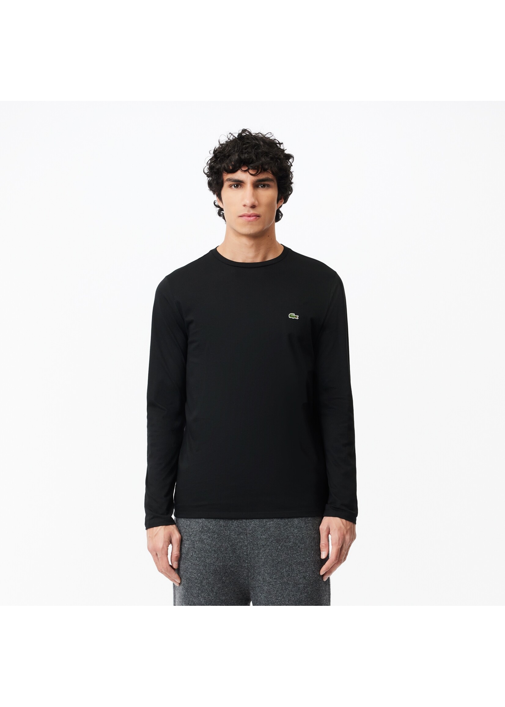 LACOSTE T-shirt col en rond à manches longues en jersey de coton pima uni pour homme-NOIR