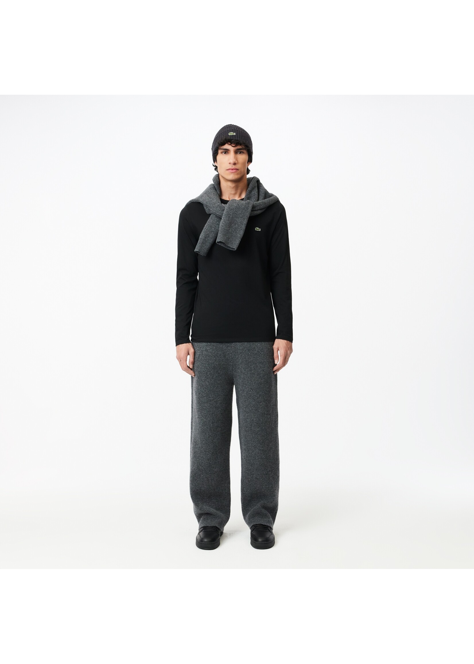 LACOSTE T-shirt col en rond à manches longues en jersey de coton pima uni pour homme-NOIR