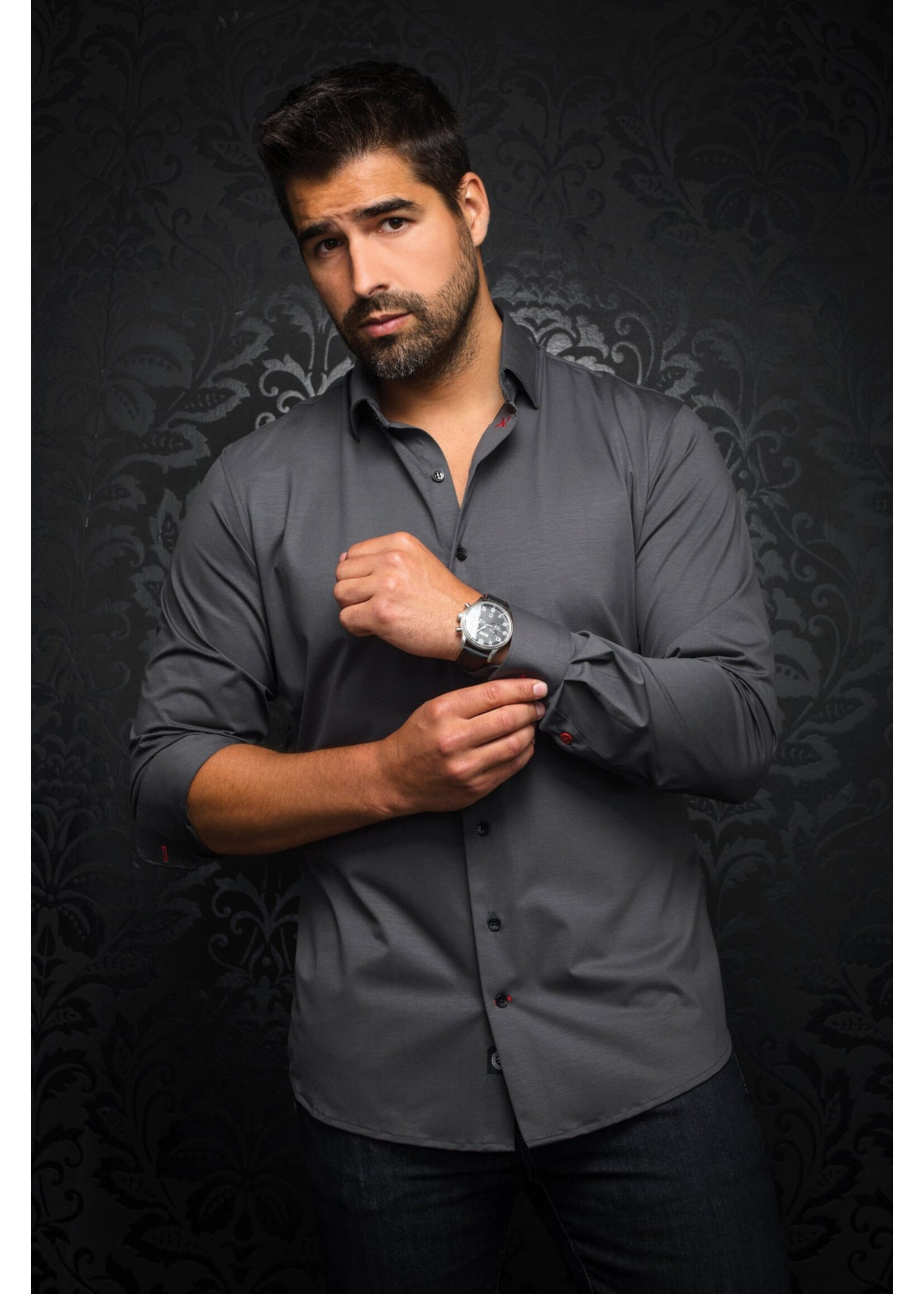 AU NOIR Chemise de ville unie en tricot extensible Alexander SDL-Gris Foncé