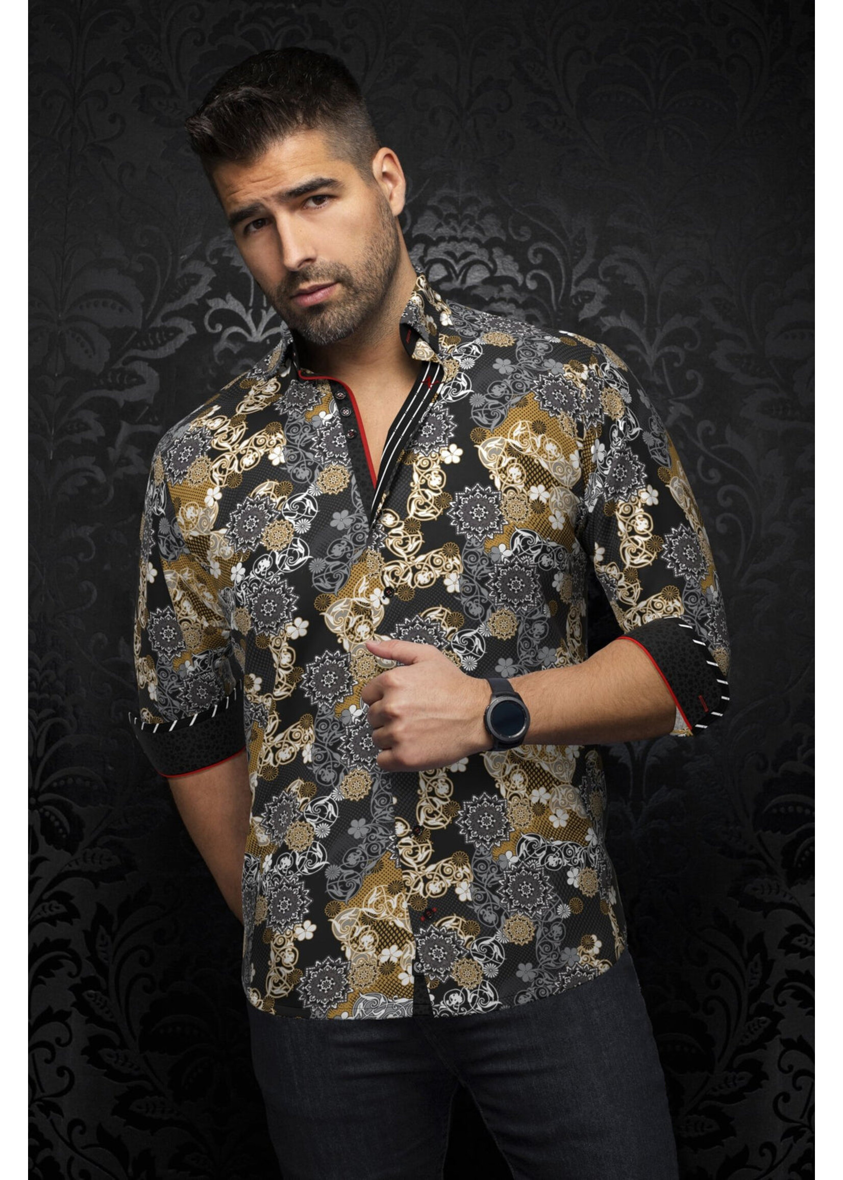AU NOIR Chemise en tricot extensible pour homme Albori-NOIR/DORÉ