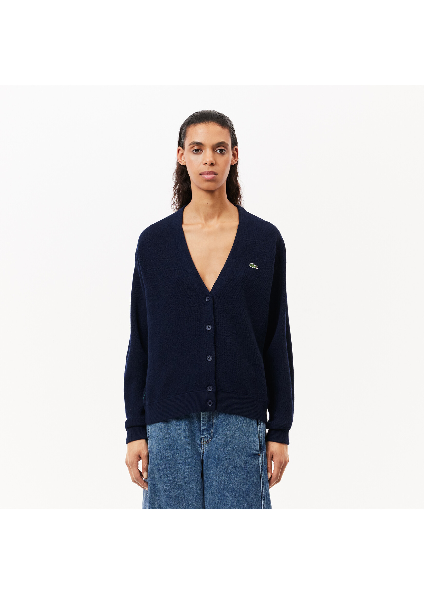 LACOSTE Cardigan col en V en laine pour femme-Marine