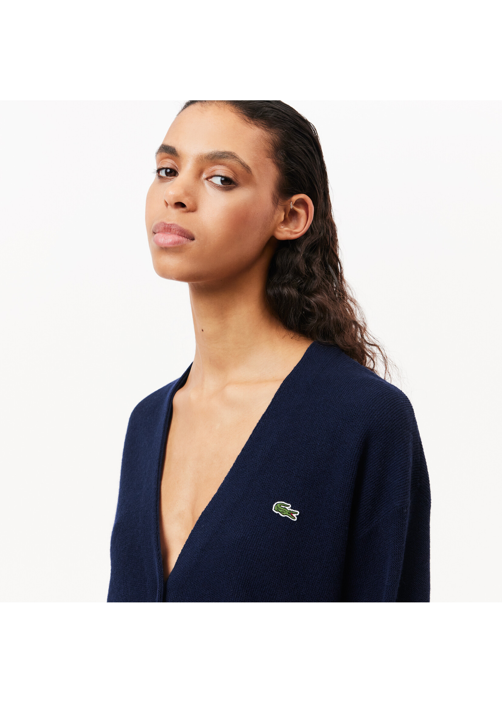 LACOSTE Cardigan col en V en laine pour femme-Marine